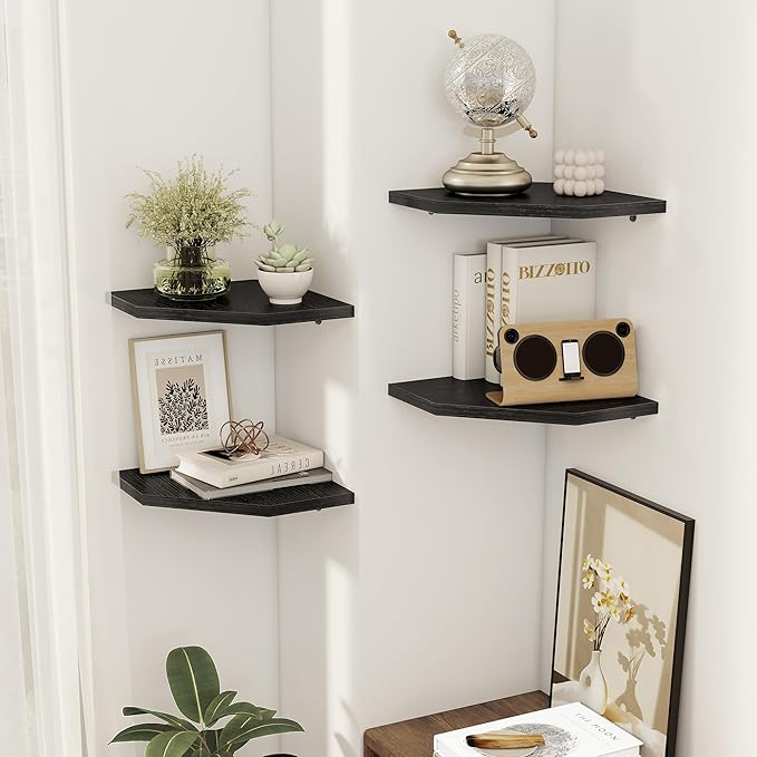 Corner Shelves 2-Pack for Bathroom & Kitchen, Space-Saving Floating Corner Wall Shelf with Easy Installation- Black