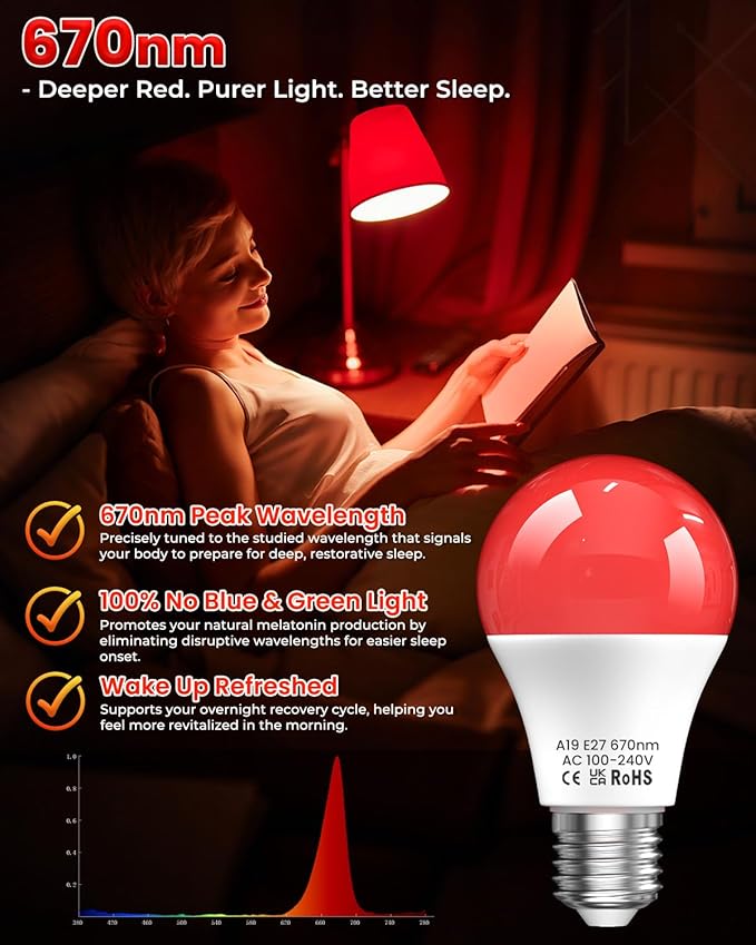 Lustaled 7W 670nm Red Light Bulb for Sleep, 100% Blue Light Blocking Red Night Light Bulbs for Melatonin Promote, A19 E26 50W Equivalent LED Red Bulb for Bedroom Lamp, Baby Nursery, Reading, 4-Pack