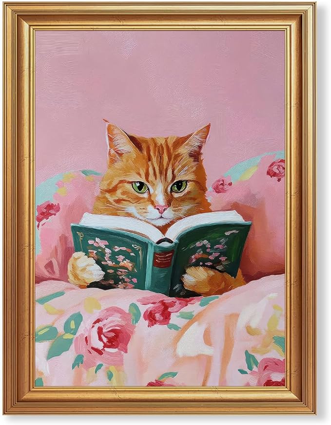 Fantasy Artists Gold Framed Wall Art Prints, Cute Orange Cat Reading a Green Book on Pink Floral Fabric, Easy to Hang Fade Resistant Print, Wall Decor for Bedroom, Living Room, Home Office 12x16 Inch