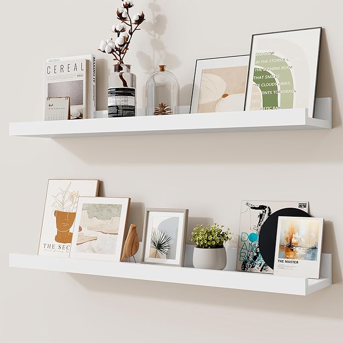 Heimlove Picture Ledge Shelf,24 inch Long Floating Shelves for Wall Set of 2,White Picture Shelf with Lip for Wall Decor,Living Room,Bedroom,Bookshelf,Nursery,Perfume