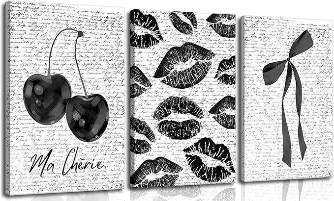 3Pcs Vintage Funky Black White Lips And Cherry Canvas Wall Art Girl Fashion Aesthetic Bow Wall Decor Ma Cherie Dark Coquette Posters Prints for Neutral Preppy Apartment Girl Room16x24in framed