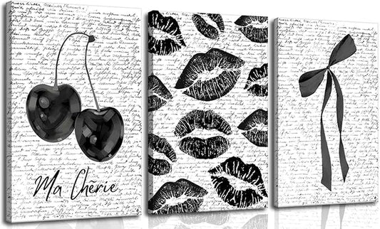 3Pcs Vintage Funky Black White Lips And Cherry Canvas Wall Art Girl Fashion Aesthetic Bow Wall Decor Ma Cherie Dark Coquette Posters Prints for Neutral Preppy Apartment Girl Room16x24in framed