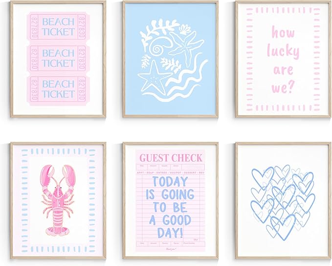 Habseligkeit Pink and Blue Wall Art Prints, Cute Wall Decors for Room Aesthtic, Posters for Girls Bedroom Decor Aesthetic Unframed, 8X10in, Set of 6