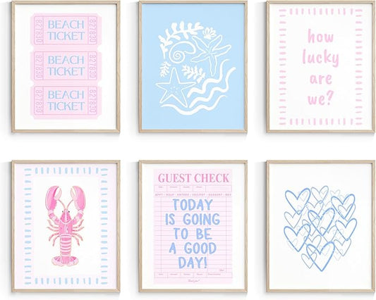 Habseligkeit Pink and Blue Wall Art Prints, Cute Wall Decors for Room Aesthtic, Posters for Girls Bedroom Decor Aesthetic Unframed, 8X10in, Set of 6