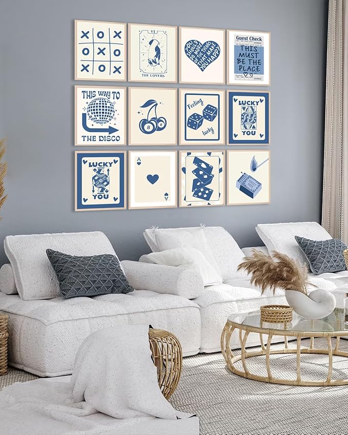 KBKBART 12pcs Blue Lucky Poster - Playing Card Wall Art, Poker Room Decor, Blue Trendy Wall Art, Funky Posters Aesthetic Pictures, Retro Ace Prints Queen of Hearts Decor for Bedroom (UNFRAMED)