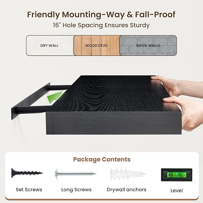 FLYJOE 48 Inch Floating Shelves | 12 Inch Deep Black Floating Shelves Set of 2 | 48" W x 12" D Black Wood Wall Shelves for Bathroom Living Room Kitchen Laundry Room