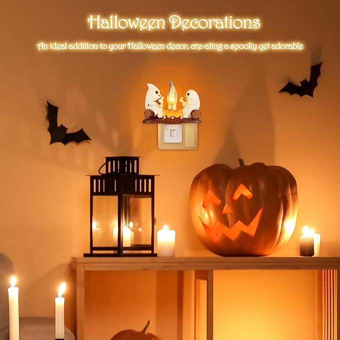 Ghost Campfire Flickering Night Light, 3D Small Electric Faux Campfire Night Light,Ghosts Campfire Flicker Flame Nightlight, 5in LED Campfire Night Lights Funny Halloween Decor