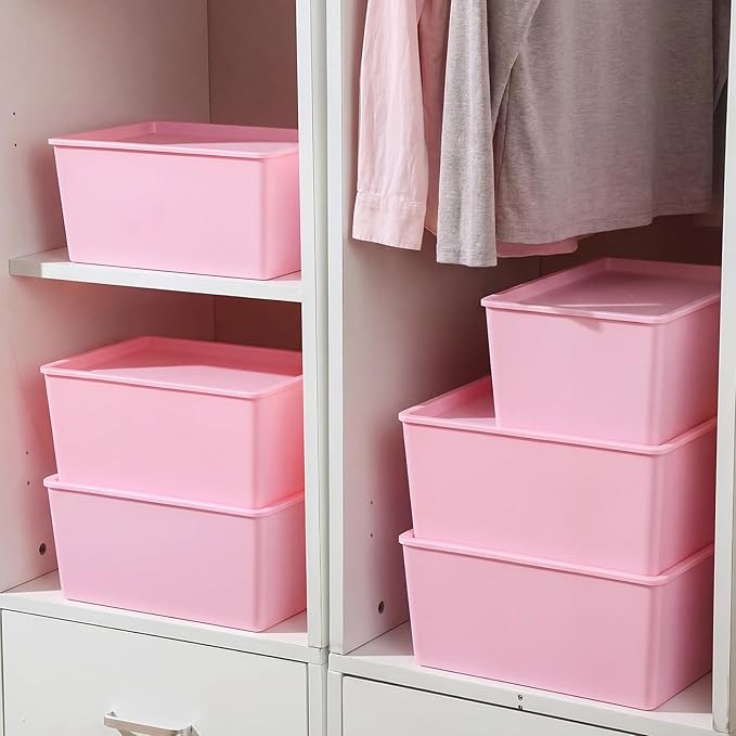 Menkxi 6 Pcs Large and Small Plastic Storage Bins with Lids 14.4 x 10.4 x 5.1 Inch Stackable Storage Containers Decorative Cubby Organizer for Clothes Shelves Garage Closet Office(Pink)
