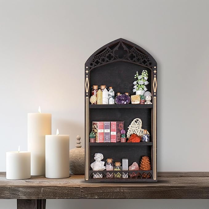 Gothic Crystal Shelf Display for Wall, Wooden Rock Gem Healing Stone Display Shelf Wall Mounted, Crystal Holder Trinket Organizer Knick Knack Shelf, Gothic Witchy Decor Gifts for Women - 2025 UPGRADED