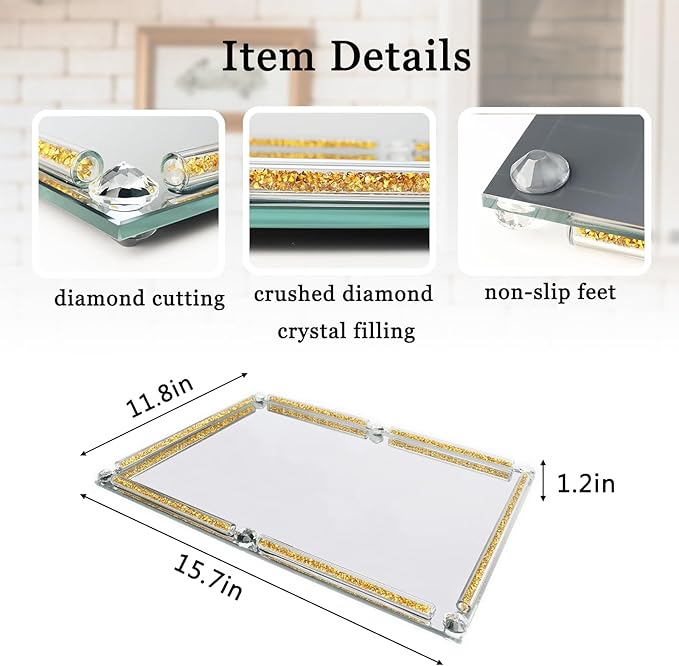 Large Gold and Glass Tray, 15.7" x 11.8" Crushed Diamond Mirror Perfume Makeup Display Tray, Noble Jewelry Trinket Cosmetics Crystal Makeup Organizer for Home Decor,Banquet Party (Golden)