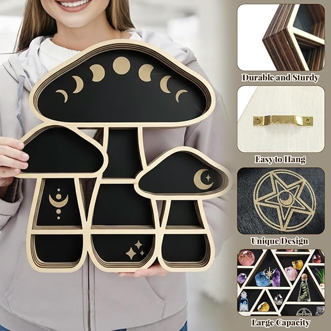 peacoblue Natural Wood Mushroom Shaped Crystal Display Shelf 11.1" L× 11.8" W× 1.2" Wooden Wall Mounted Decor for Crystals, Gemstones & Trinkets for Bohemian, Witchy & Modern Interiors