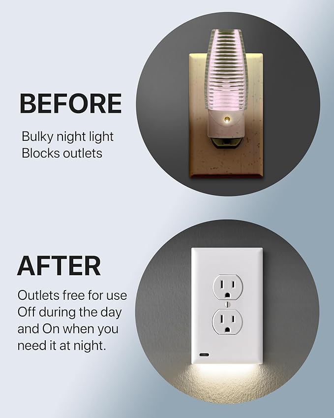 Single - SnapPower GuideLight [For Duplex Outlets] - Replaces Plug-In Night Light - Electrical Receptacle Wall Plate With LED Night Lights - Auto On/Off Sensor - (Duplex, Light Almond)