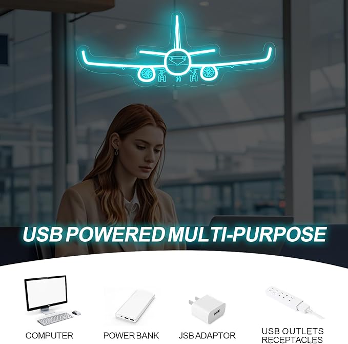 Airplane Neon Sign, Handmade LED Light, Airplane Wall Decort, Gifts for Pilot, Aviation Lover Gift, Kids Room Decor, 16.5"x6.5", Ice Blue