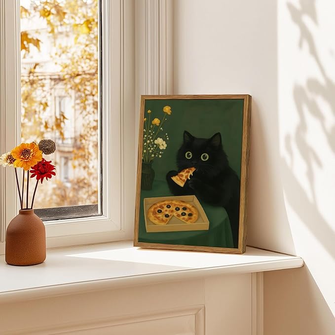 Funny Black Cat Wall Art Whimsical Black Cat Eating Pizza Wall Decor Cute Animal Dark Green Kitchen Poster Canvas Prints for Bedroom Living Dining Room 12x16 inch Wood Framed