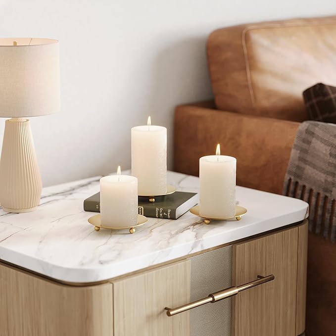 Gold Candle Holders for Pillar Candles, Set of 2 Premium Metal Candle Plates Candle Stand for LED or Wax Candles, Decorative Pillar Candle Holder Dish for Table Centerpiece
