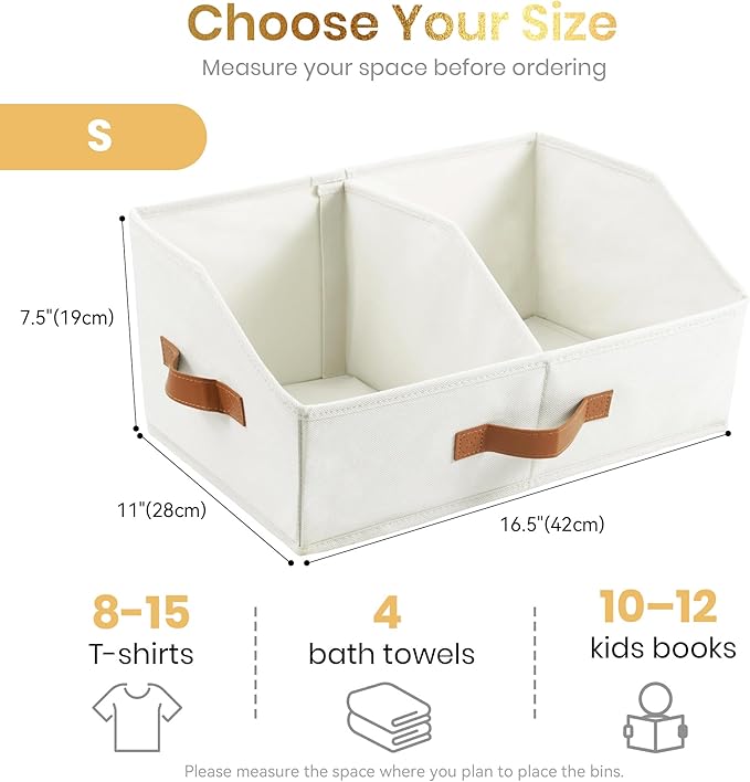 Closet Organizers And Storage - UPGRADED Trapezoid Storage Bin With Leather Handles & Adjustable Dividers, Fabric Collapsible Storage Bins For Clothes Storage & Shelf Organizer (6pcs, Small, Ivory)