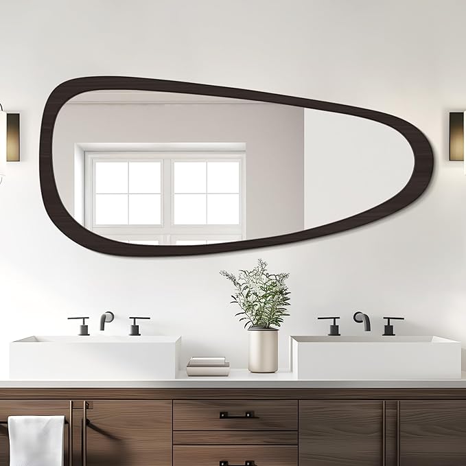 WallBeyond Asymmetrical Mirror, Irregular Wall Mirror, Wall Mirrors Decorative for Bedroom Living Room Entryway Hall, Wood Mirror for mid Century Modern Decor 48" H x 22" W, Dark Brown
