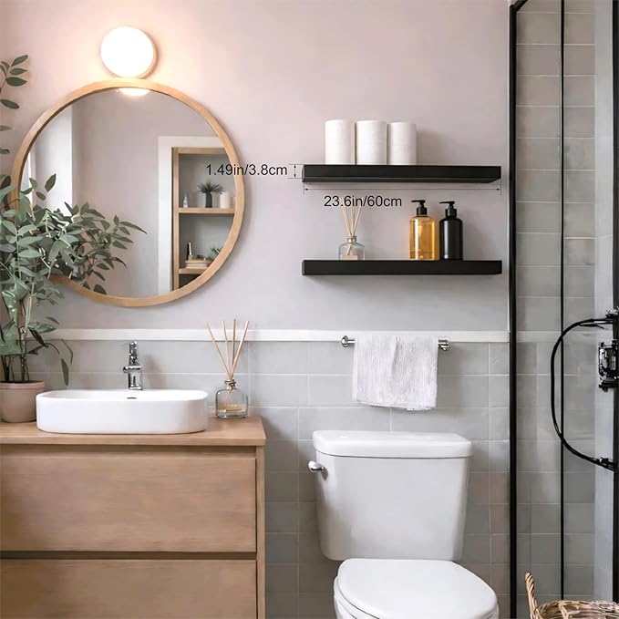 Floating Shelves for Wall, 24" Wall Mounted Shelves, Industrial Minimal Decor & Storage for Bathroom, Home Office, Living Room, Study, with Invisible Brackets, Set of 2, Black