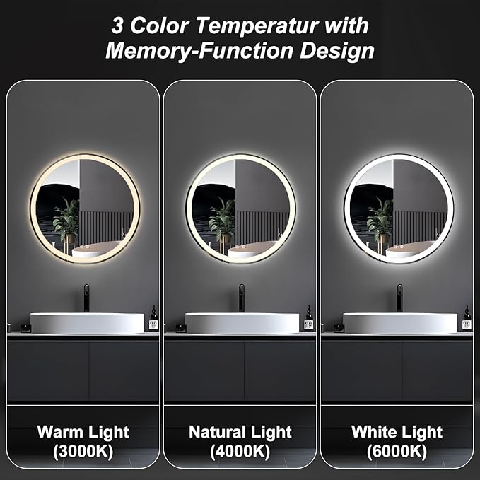 Sweetcrispy 24-Inch Round LED Bathroom Backlit Mirror with Lights, Circle Vanity Mirror with Anti-Fog, Dimmable, 3-Color Light, Memory Function, Tempered Glass