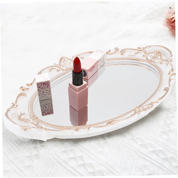 BESPORTBLE Oval Vintage Decorative Mirror Tray with Handles French Style Makeup Organizer and Jewelry Dresser Serving Tray Elegant Ellipse Shape for Vanity Display and Dessert Presentation