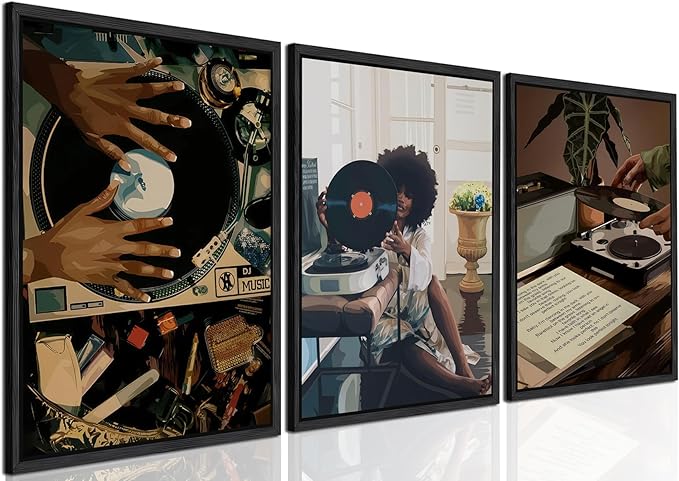 Black Girl Wall Art Decor Modern Black Woman Painting Prints, Set of 3 African American Music Record Player Poster Canvas Artwork for Bedroom Living Room 12x16 inch PS Framed