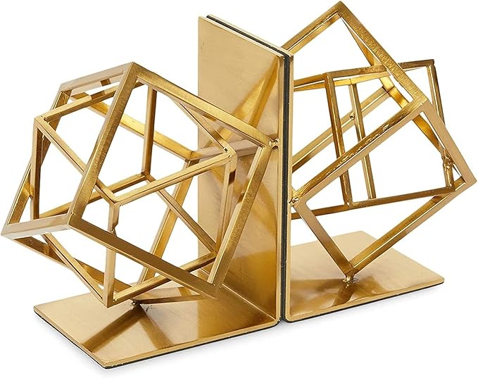 Juvale Gold Bookends - Heavy-Duty Metal Book Ends for Bookshelf Decor - Geometric Square Style for Decorative Books Display for Coffee Table & End Table Decor - 5 x 6 x 3 in, Pack of 2