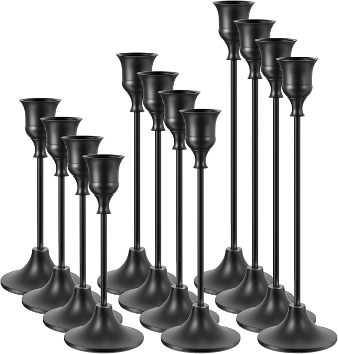 NLBTW Set of 12 Black Taper Candle Holders, Candlesticks Holders Bulk Decorative，Vintage Candlestick Holder Decorative Metal Candle Sticks Home Decor Centerpieces for Table Mantel Festive Decorations