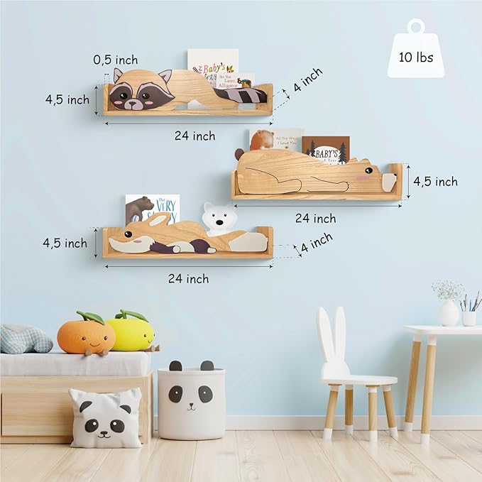 3 Floating Shelves, Wall Shelf for Kids Rooms, Woodland Nursery Bookshelves, Bear Fox and Raccoon 24inch
