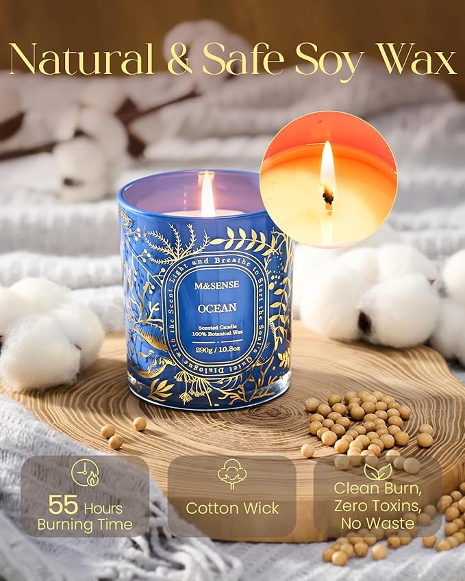 M&SENSE Ocean Scented Candle, Natural Soy Wax Non-Toxic Candles for Home Scented, Clean Burn, 55 Hours Slow Burning 10.3oz, Fresh Relax Spa Home Fragrance House Decor