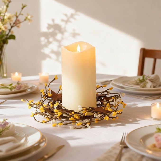 Daifunli 2 Pcs Spring Country Primitive Yellow Pip Berry with Rusty Tin Stars Candle Ring Vintage Pip Berries Wreaths for Pillar 3.9 Inch Candles Holder for Spring Easter Rustic Table Centerpiece Deco