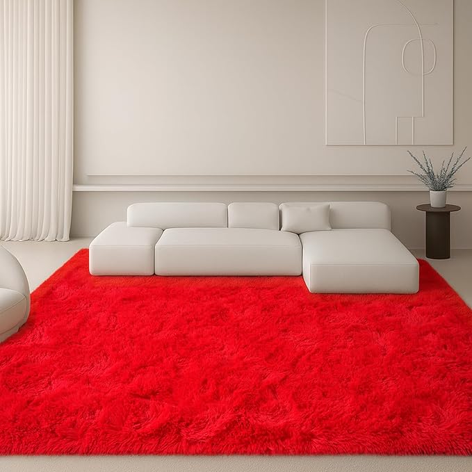 8x10 Area Rugs Living Room, Large Plush Fluffy Bedroom Carpet, Non-Slip Upgraded Indoor Thick Soft Rug, Modern Plush Carpet Suitable for Kids Home Decor Aesthetics Dorm, Red.