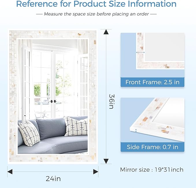 Tanmicoshomy White 24 x 36 Inch Rectangle Bathroom Mirrors for Wall, Natural Shell Inlay Mosaic Mirrors with Tempered Glass for Bedroom, Living Room or Entryway, Horizontal or Vertical Hanging