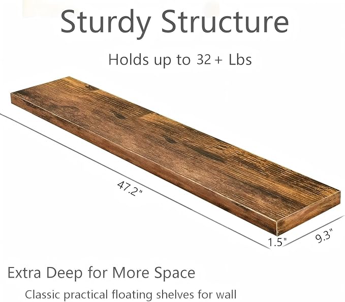 Vervida® Floating Shelves, 47.2 inch Wall Mounted Rustic Wood Shelves for Bathroom, Bedroom, Living Room, Kitchen, Office, Hanging Shelf for Books/Storage/Decor(Rustic Brown,Set of 3)
