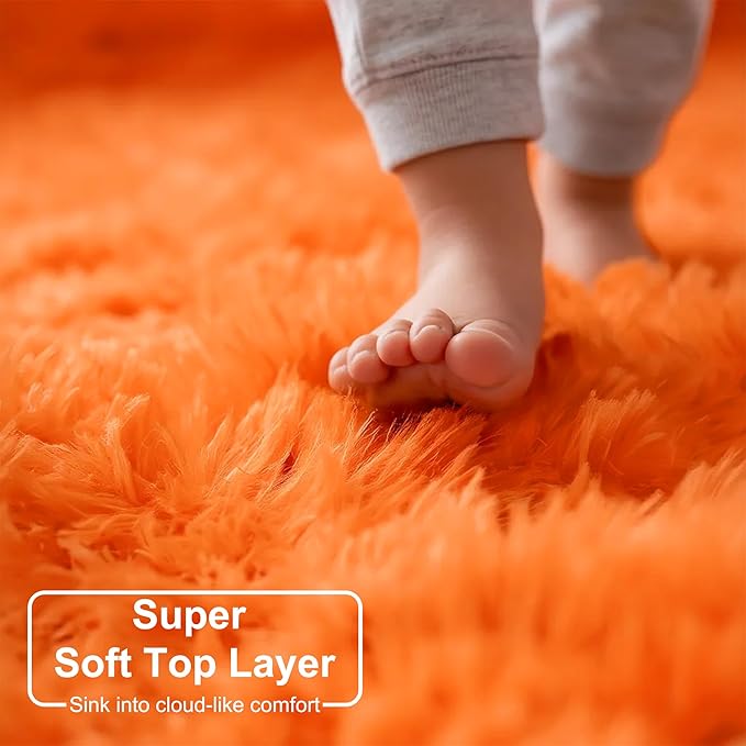 Amdrebio Orange Rugs for Bedroom Living Room, 5x7 Fluffy Fuzzy Area Rugs for Kids Room Decor Aesthetic, Cute Furry Plush Shag Carpet for Toddler Teen Girls Boys Baby Nursery Dorm Playroom Classroom