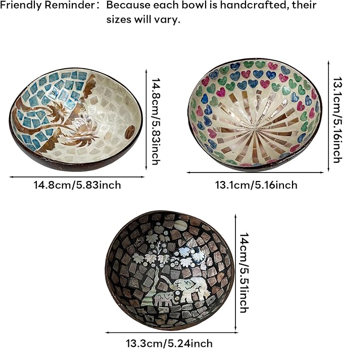 Decorative Storage Bowl with Mother of Pearl Inlays - Distinctive Coconut Shell Container for Entryway, Vanity, and Office Use (Coconut trees)