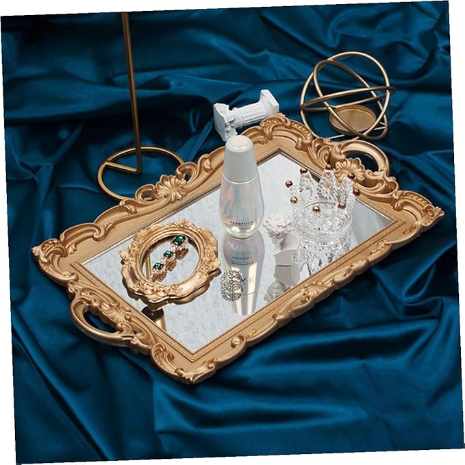 European Mirror Plate Cosmetic Storage Tray Golden Rectangular Retro Mirror Makeup Organizer Perfume Display Tray for Home Décor and Photography Props