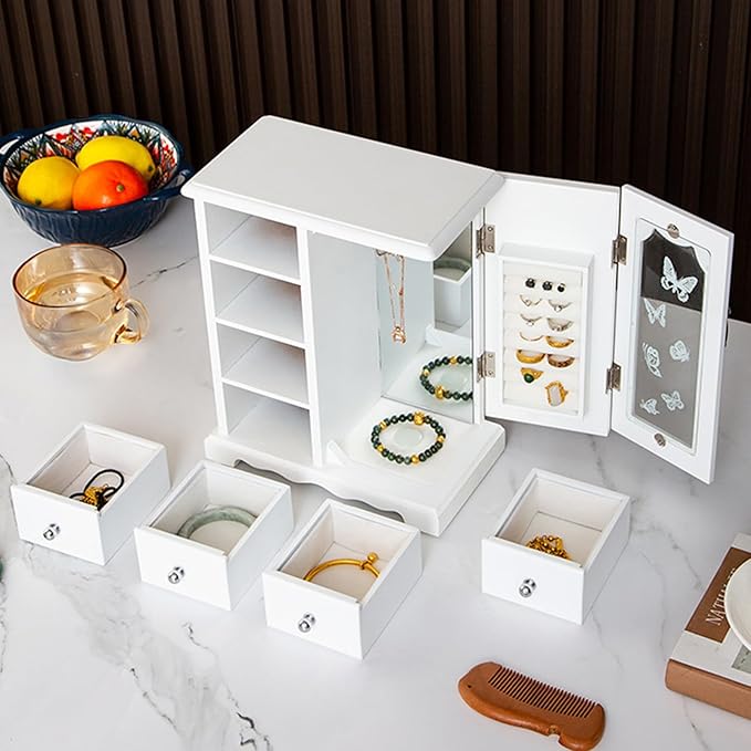 Wooden Jewelry Box, Solid Jewelry Organizer Makeup and Organizer Women Ring Storage with 4 Drawers, Wood Jewelry Case with Mirror for Necklaces Earring Rings, White