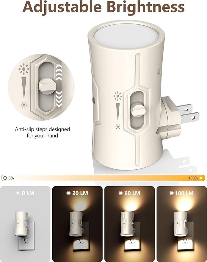fesnne Night Light, LED Night Lights Plug into Wall, [2 Pack] Warm White 3000K, 0-100LM Adjustable Brightness Light Sensor Nightlights Plug in wall for Hallway, Bathroom, Adults, Neutral Beige