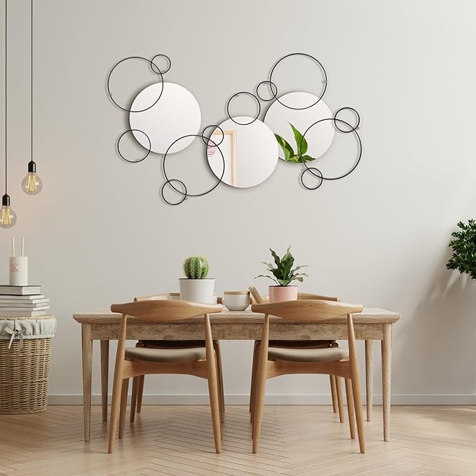 Hicarer 9 Pcs Split Decorative Wall Mirror Modern Black Wall Decor DIY Metal Wall Mirrors for Living Room Decor Circle Plates Overlapping Decorations Wall Decor Set for Hallway Entryway
