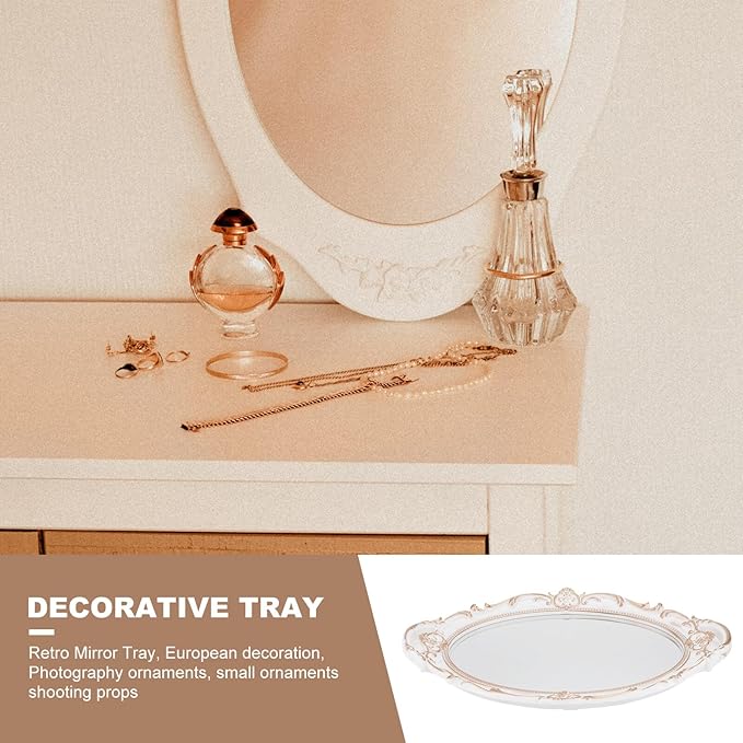 Oval Vintage Decorative Mirror Tray for Jewelry and Makeup Organizer Antique Style Photo Prop and Serving Display Elegant White Vanity Tray for Home and Events