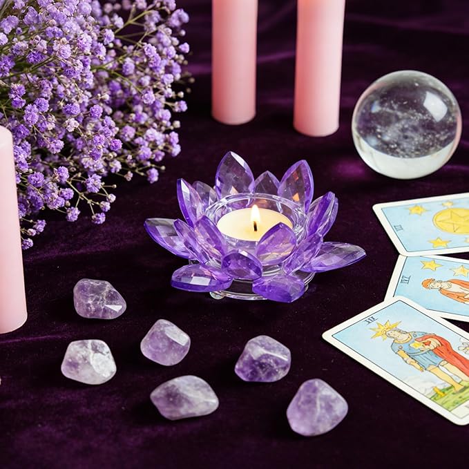 2 Pcs Purple Crystal Lotus Flower Tealight Candle Holder | Glass Votive Candlestick Decor for Home, Wedding, Party & Christmas Table Centerpieces