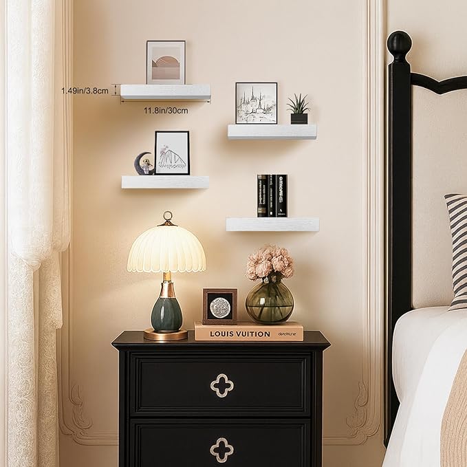 Floating Shelves for Wall, Bathroom Shelves Over Toilet, Wall Shelves & Book Shelf for Room, Hanging Shelf, Modern Wooden Wall-Mounted Small Floating Shelves, 12x7x1.5 in (White, Set of 4)
