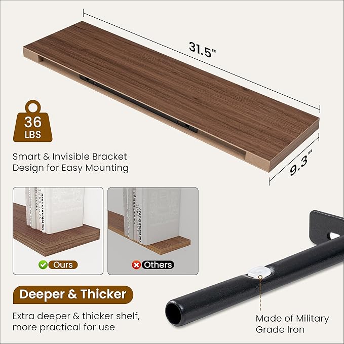 Fun Memories 9.3Inch Deep Floating Shelves for Wall, 32 Inch Rustic Wood Wall Mounted Shelves for Bathroom, Bedroom, Kitchen, Deep Floating Shelf for Storage & Home Decor (Walnut, Set of 2)