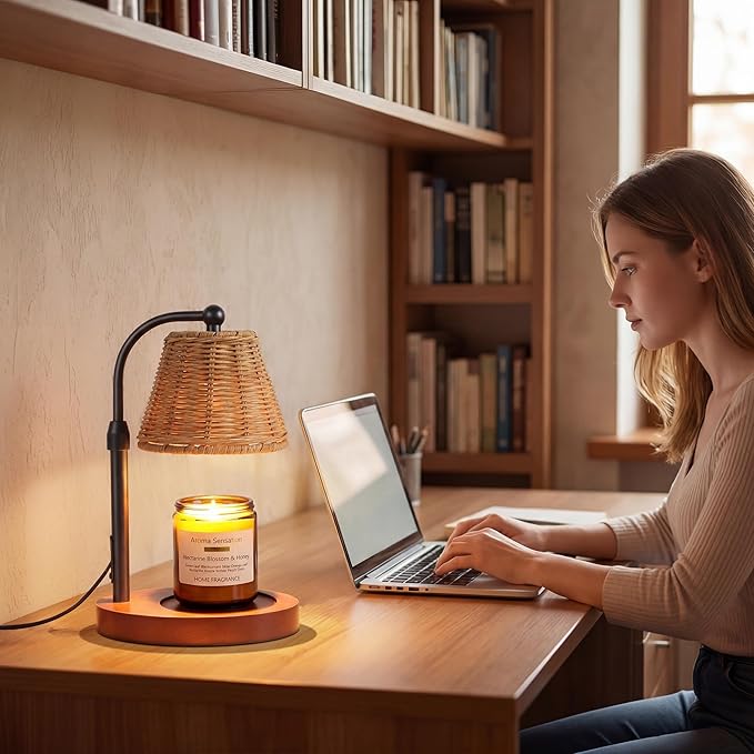 Candle Warmer Lamp with Timer Dimmer, Natural Weaving Boho Candle Lamp Birthday Gifts for Women, Mom, House Warming Gifts Wax Melt Warmer for Jar Candles with 2 Bulbs, Espresso