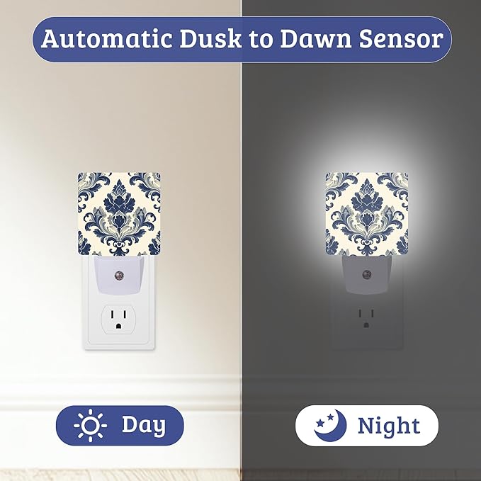 Vintage Blue Floral Night Light Plug Into Wall with Dusk to Dawn Sensor Wall Lamp, LED Nightlights for Bedroom, Bathroom, Kitchen, Hallway, Room Decorative for Boys Girls Women Men Gifts