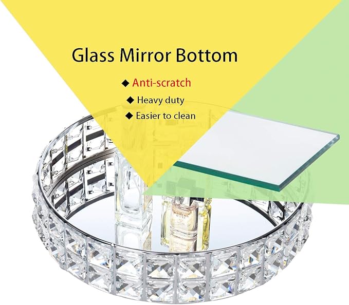 Feyarl Crystal Perfume Vanity Makeup Tray Mirrored Ornate Jewelry Trinket Tray Organizer Sparkly Bling Cosmetic Skin Care Decorative Tray with Glass Bottom Surface for Home Decor Dresser Desktop