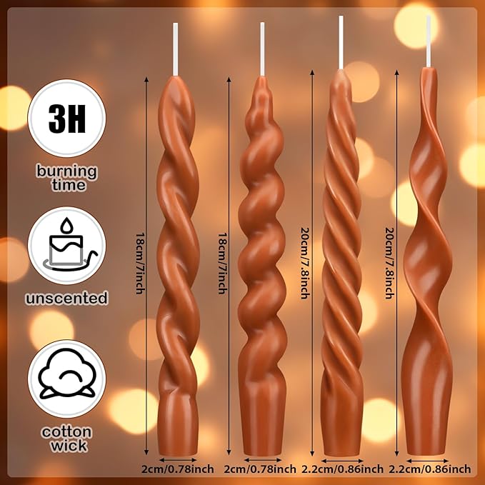 Nuanchu 4 Pcs Twisted Taper Candles Wax Unscented Smokeless Spiral Swirl Candlesticks for Wedding Holiday Dinner Party Home Decorations(7.87 Inch,Pure,Brown)