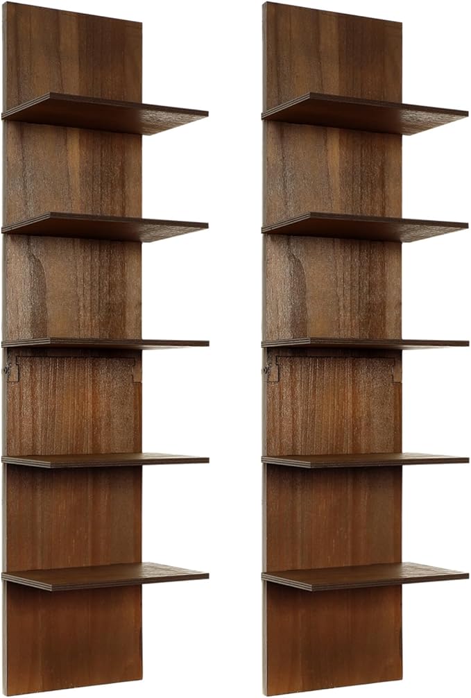 Yuntau 2 Pieces 5 Tier Wall Shelves for Bedroom 31.4 Inches Split Assembly Type Mount Vertical Wall Shelf Column Lack Hanging Floating Shelf for Storage Organizer Design Home Living Room(Walnut)