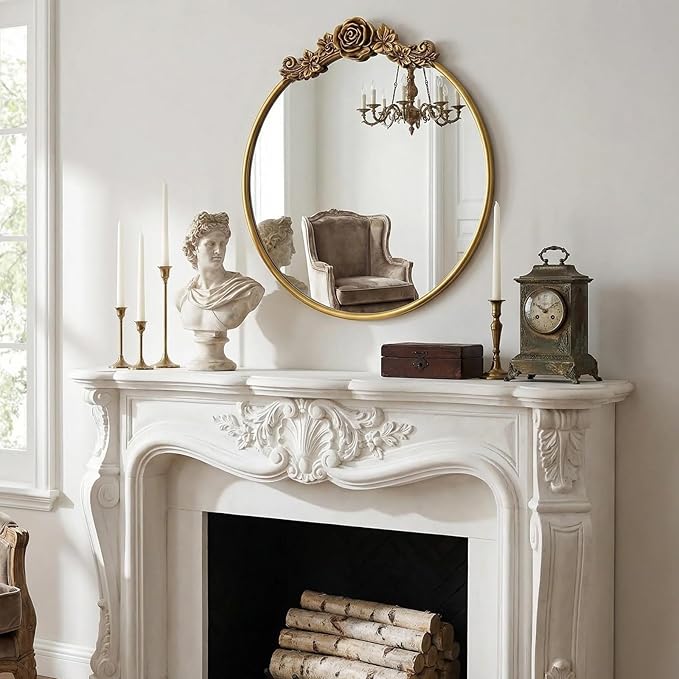 Vintage Baroque Round Wall Mirror 20" Circle Ornate Gold Mirror for Bathroom Antique Carved Frame Accent Mirror for Living Room Bedroom Entryway Vanity