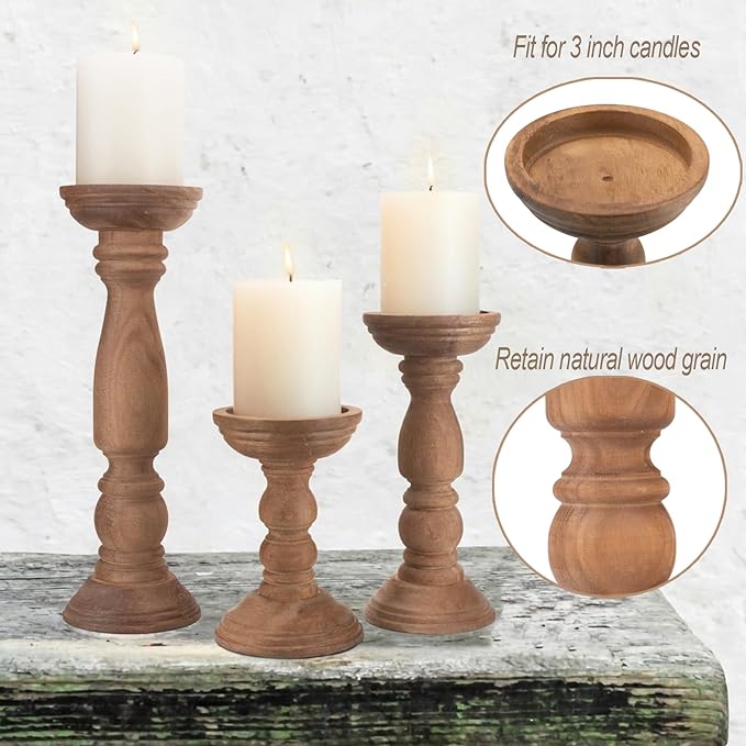 Farmhouse Wooden Candle Holders for Pillar Candles Set of 3, Rustic Wood Candle Holder Table Centerpiece Decor, 12'' 9'' 6'' Vintage Tall Candle Stand Decorative, Brown